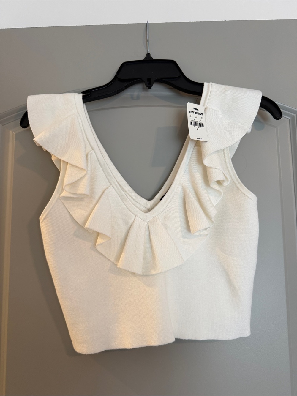 Express White Ruffle V-Neck Sleeveless body contour crop top